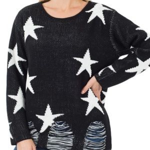 ZENANA DISTRESSED OVERSIZED LONG SLEEVED STAR SWEATER BLACK IVORY SIZE S…